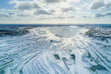 Asbest, Russia - May, 2018: Aerial panoramic shot of asbestos mining quarry at winter