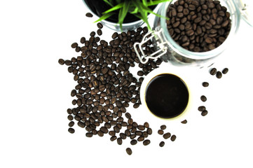 coffee bean and hot coffee in paper glass