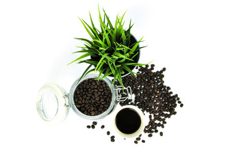 coffee bean and hot coffee in paper glass