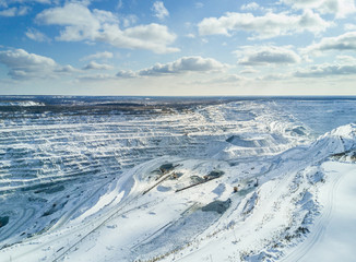 Asbest, Russia - May, 2018: Aerial panoramic shot of asbestos mining quarry at winter