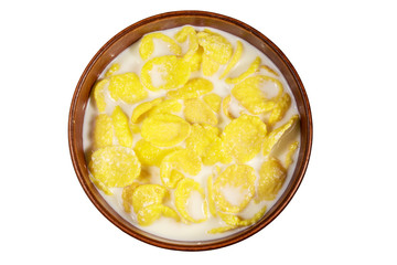 Cornflakes with milk in a bowl isolated on white background