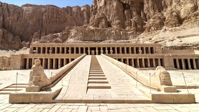 The Mortuary Temple of Hatshepsut, also known as the Djeser-Djeseru. Built for the Eighteenth Dynasty pharaoh Hatshepsut, it is located beneath the cliffs at Deir el-Baharinear the Valley of the Kings