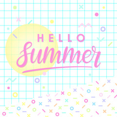 Hand drawn lettering hello summer with retro style texture, pattern and geometric elements in memphis style.Abstract design card perfect for prints, flyers,banners,invitations,special offer and more.
