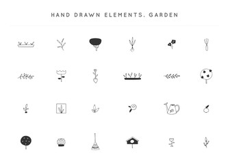 Vector garden logo elements set. Hand drawn isolated illustrations.