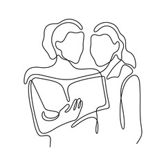 Two ladies with a book continuous line vector illustration
