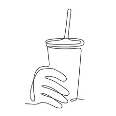 Hand holding beverage continuous line vector illustration