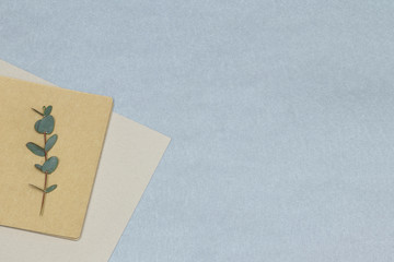 Green eucalyptus branch, notebook, papers on the blue background