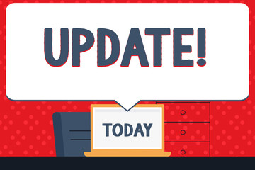 Fototapeta premium Handwriting text Update. Conceptual photo make something more modern or up to date like software programs Blank Huge Speech Bubble Pointing to White Laptop Screen in Workspace Idea