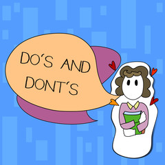 Handwriting text writing Do S And Dont S. Conceptual photo Rules or customs concerning some activity or actions Girl Holding Book with Small Hearts Around her and Two Color Speech Bubble