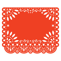 Papel Picado vector floral template design with abstract shapes, Mexican paper decorations pattern in orange, traditional fiesta banner with empty space for text