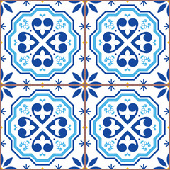 Portuguese tiles Azulejos vector seamless pattern, geometric repetitve design - textile or wallpaper background