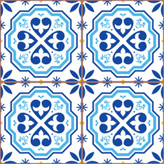 Portuguese tiles Azulejos vector seamless pattern, geometric repetitve design - textile or wallpaper background