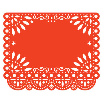 Papel Picado Vector Floral Template Design With Abstract Shapes, Mexican Paper Decorations Pattern In Orange, Traditional Fiesta Banner With Empty Space For Text