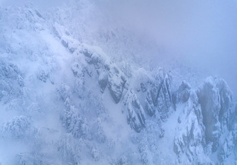 Aerial shot of the winter forest and mountains in the mist