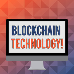 Handwriting text writing Blockchain Technology. Conceptual photo Manage the database that records Bitcoin transactions Blank White Computer Monitor WideScreen Mounted on a Stand for Technology