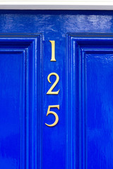 House number 125 with the one hundred twenty five in bronze vertically arranged numerals on a bright blue painted door