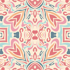 Light seamless pattern in oriental style. Handmade painting. Vintage fabric, textiles. Detail for design wallpaper, tile, packaging, background. Flower motif, lines.