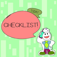 Handwriting text writing Checklist. Conceptual photo list items required things be done or points considered Smiley Face Man in Necktie Holding Smartphone to his Head in Sticker Style