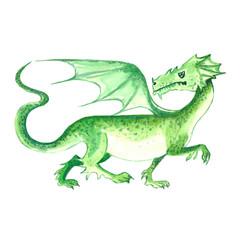 Fairy green dragon with wings isolated on white background. Hand drawn watercolor illustration.