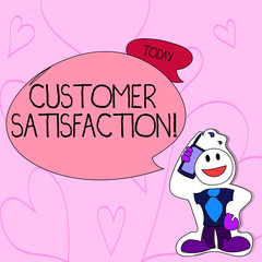 Text sign showing Customer Satisfaction. Business photo text Measure of customers fulfillment from a firm Smiley Face Man in Necktie Holding Smartphone to his Head in Sticker Style