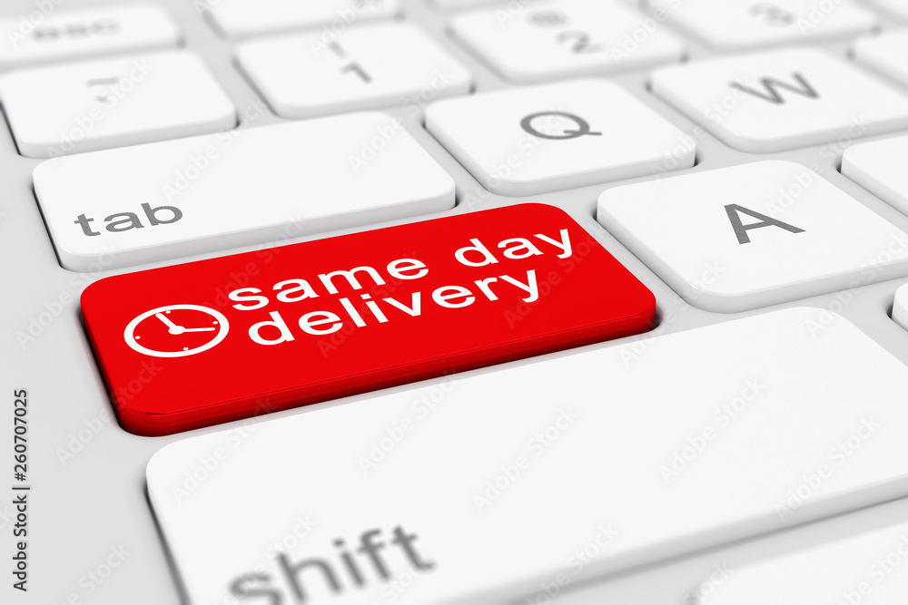 Poster 3d render of a keyboard with red same day delivery button.