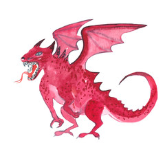 Fairy red dragon with wings isolated on white background. Hand drawn watercolor illustration.