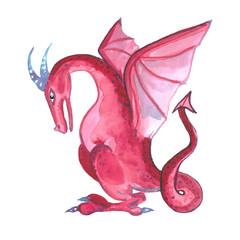 Fairy red dragon with wings isolated on white background. Hand drawn watercolor illustration.