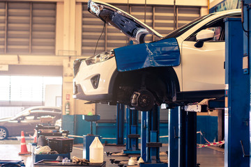 BANGSAN THAILAND 2019This car mazda cx 5 brand japan waiting for repair on car Lift in garage on...