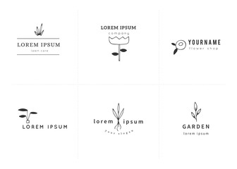 Vector hand drawn logo templates set. Isolated garden elements.