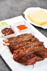 grilled beef steak with french fries