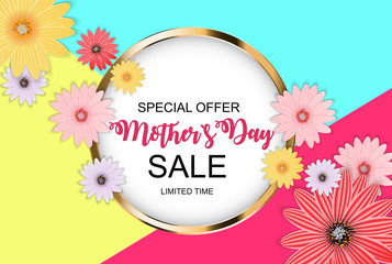 Happy Mother`s Day Cute Sale Background with Flowers. Vector Illustration