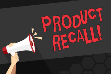 Text sign showing Product Recall. Business photo showcasing request analysisufacturer return product after discovery issues Human Hand Holding Tightly a Megaphone with Sound Icon and Blank Text Space - obrazy, fototapety, plakaty