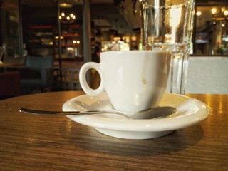 Coffee cup in early morning, breakfast, Mediterranean restaurant, Greece