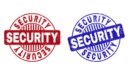Grunge SECURITY round stamp seals isolated on a white background. Round seals with grunge texture in red and blue colors. Vector rubber imitation of SECURITY text inside circle form with stripes.