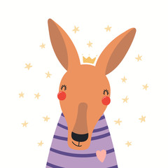 Hand drawn portrait of a cute kangaroo in shirt and crown, with stars. Vector illustration. Isolated objects on white background. Scandinavian style flat design. Concept for children print.