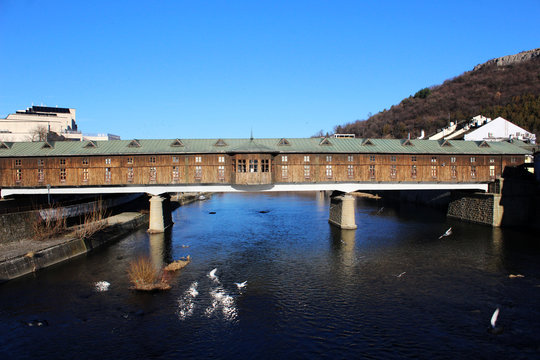 Covered wooden bridge in the town of Lovech over the Osam river build in 1874 - Bulgaria