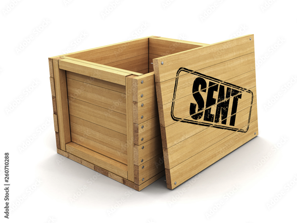 Poster wooden crate with stamp sent. image with clipping path