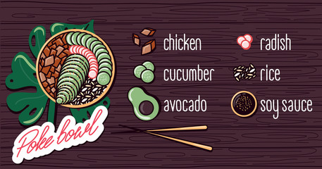 Vector menu of chicken poke bowl on wooden background. Illustrations of a lunch of Hawaiian cuisine with lettering. Chicken, cucumber, radish, avocado, soy sauce, rice.