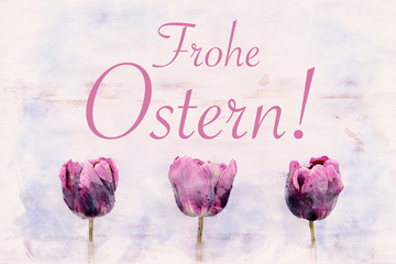 three purple tulips and german words for happy easter