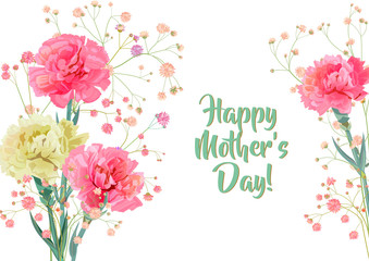 Horizontal Mother's Day, Victory Day card with carnation: red, pink, flowers, twigs gypsophile, white background. Templates for design, vintage botanical illustration in watercolor style, vector