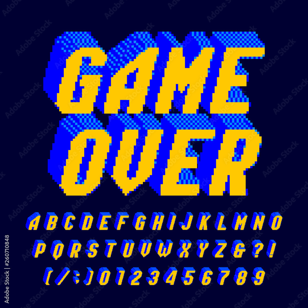 Fototapete game over alphabet font. digital pixel letters and numbers. 80s arcade video game typescript.