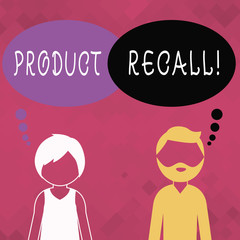 Word writing text Product Recall. Business photo showcasing request analysisufacturer return product after discovery issues Bearded Man and Woman Faceless Profile with Blank Colorful Thought Bubble