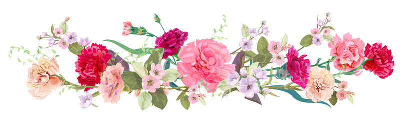 Fototapeta na wymiar Panoramic view: bouquet of carnation schabaud, spring blossom. Horizontal border: red, pink flowers, buds, leaves on white background. Digital draw illustration in watercolor style, vintage, vector