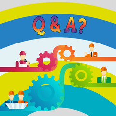 Writing note showing Q And A Question. Business concept for in which demonstrating asks questions and another one answers them Cog Gear Setting Icon Connect Men from Different Character