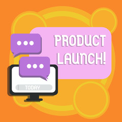 Writing note showing Product Launch. Business concept for when company decides to release new product in market Monitor and Two Speech Balloon with Three Dots for Chat Icon