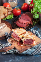 Reuben Sandwich with corned beef, cheese and sauerkraut