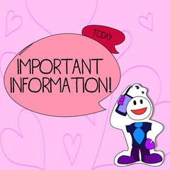 Text sign showing Important Information. Business photo text valuable facts provided about something or someone Smiley Face Man in Necktie Holding Smartphone to his Head in Sticker Style