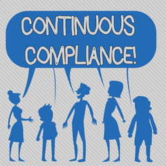 Text sign showing Continuous Compliance. Business photo showcasing proactively maintaining a safe health care environment Silhouette Figure of People Talking and Sharing One Colorful Speech Bubble