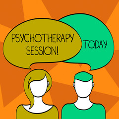 Word writing text Psychotherapy Session. Business photo showcasing treatments that can help with mental health problems Blank Faces of Male and Female with Colorful Blank Speech Bubble Overlaying