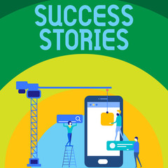 Conceptual hand writing showing Success Stories. Concept meaning story demonstrating who rises to fortune or brilliant achievement Staff Working Together for Target Goal with SEO Process Icons